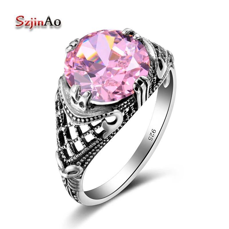 

Szjinao Fashion Female Wedding Handmade Rings For Women Pink Crystal Vintage 925 Sterling Silver Engagement Jewelry Wholesale