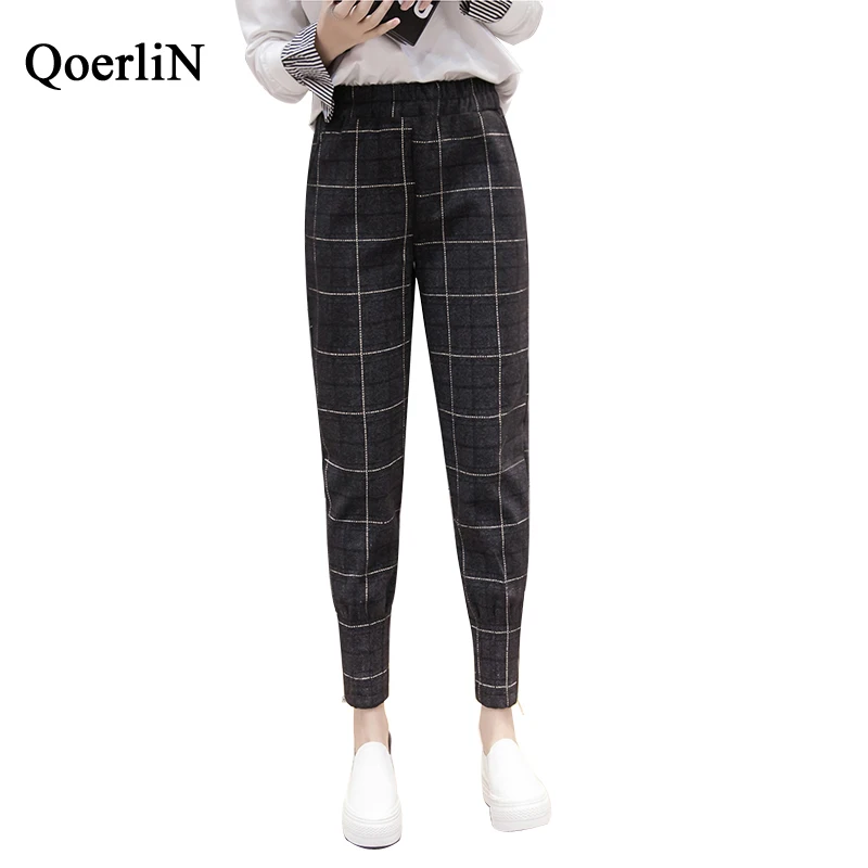 

QoerliN European Style Vintage Plaid Harem Pant Women High Elastic Waist Zipper Fashion Pocket Trouser Plus Size S-XXL Work Wear