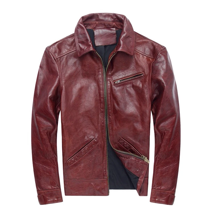 Men Casual Leather Jacket Red Color Plus Size XXXXL Genuine Thick Cowhide Clothing Men's Winter Warm Slim Fit Leather Coat (1)