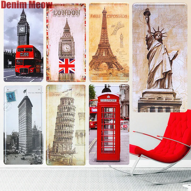 

15*30cm Leaning Tower of Pisa Vintage Car License Plates Bar Cafe Decorative Plates London Bus Poster Statue Of Liberty Tin Sign