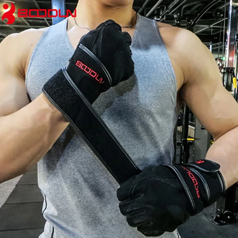 

Boodun Sports Fitness Weight lifting Gloves Black Genuine Leather Wrist Gloves Gym Men Women Breathable Training
