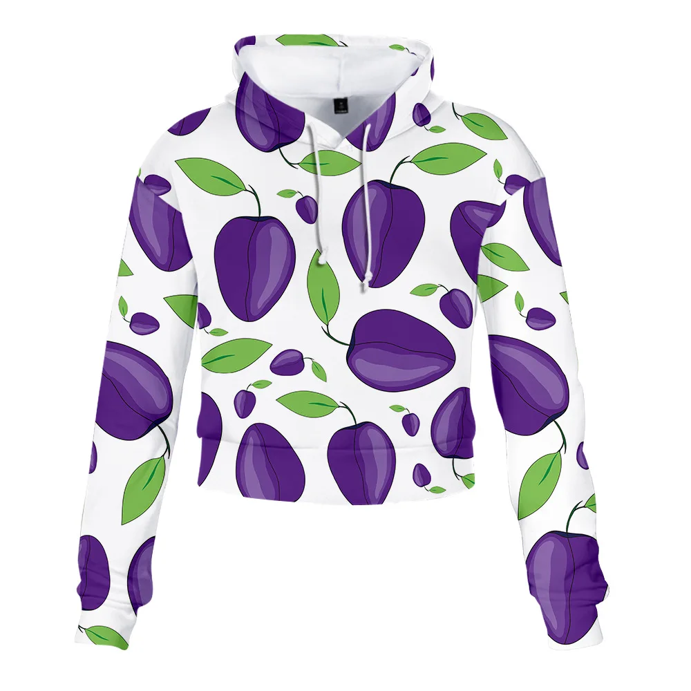 

Spring and autumn new style women's clothing Navel high waist hooded Fruit 3D color print top