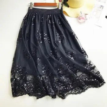 

2018 Skirts New Women Girls Middle Long Calf Elastic Force Black Khaki Sequins Lace Sexy Splicing High Waist Cultivation Downloa