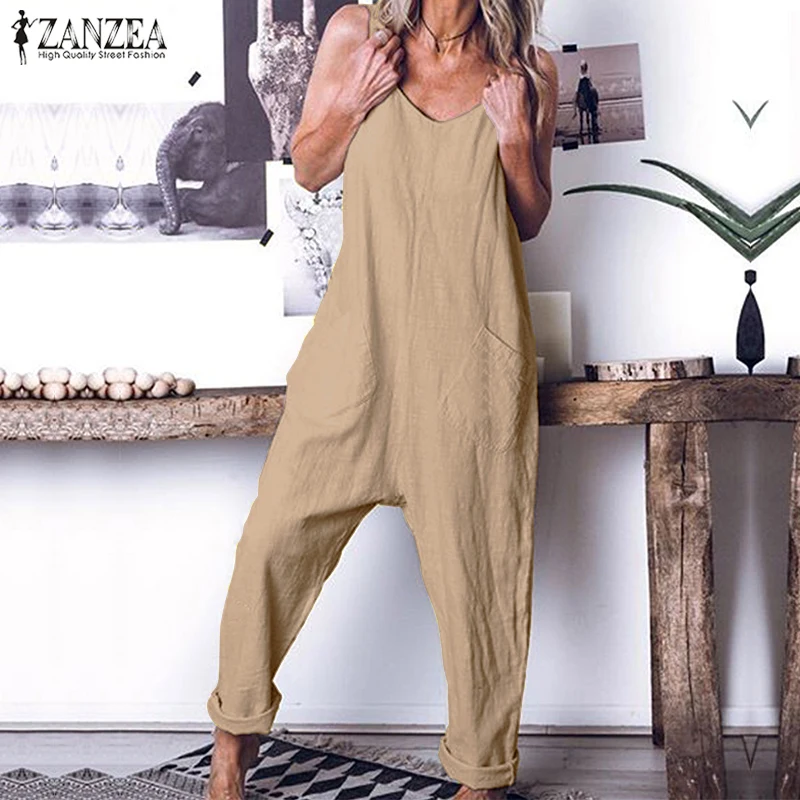 

ZANZEA Jumpsuit Vintage Solid Combinaison Femme Women Sexy Sleeveless Backless Overalls 2019 Summer Long Mono Mujer Plus Size