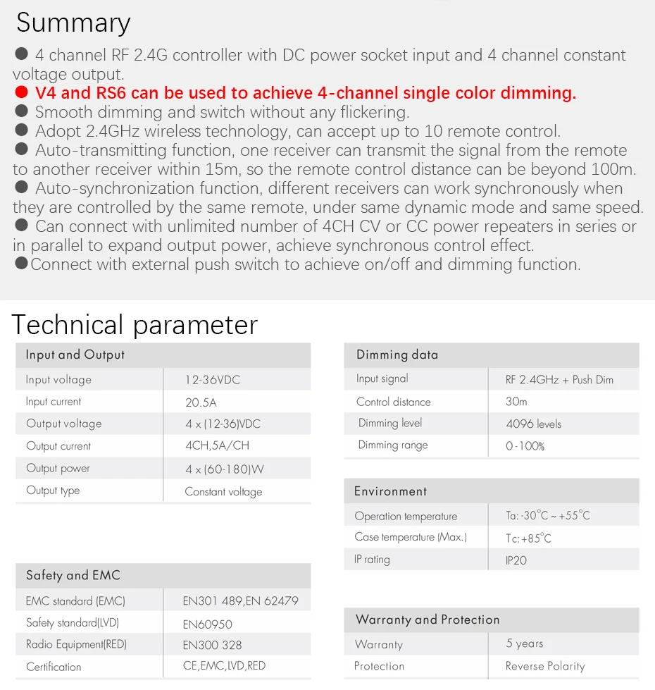 Светодиодный затемнитель 12V 4x5A 20A выход приемник Цифровой индикатор V4 с RS6 беспроводной Радиочастотный пульт 4 канала тусклый отдельно диммер