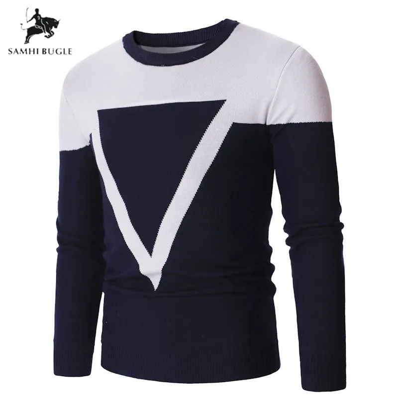 

Fashion Triangle Keep Warm Men Sweaters Guys Boys Male Long Sleeve Patchwork Round Neck Sweaters Male Cotton Slim Fit Sweaters