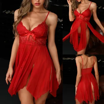 

Female Red bow split nightdress Fashion Women Sexy Lace Bodice Slit Mesh Babydoll Dress Bow Lingerie Sleepwear robe de chambre