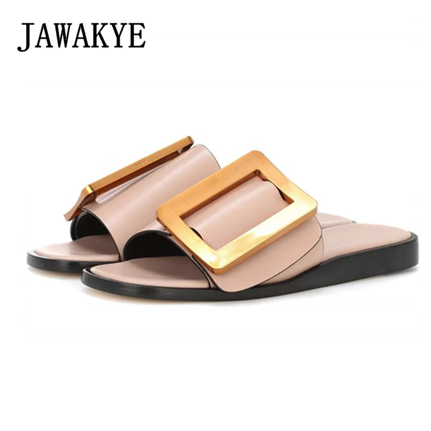 

JAWAKYE Gold Metal Buckle Flat Slippers Women Genuine leather Summer Shoes female Outdoor peep Flip Flop Slid Flat Beach Shoes