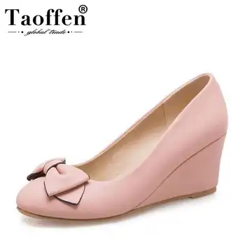 

TAOFFEN Size 33-42 Sweety Spring Shoes Women High Heels Wedges Pumps Ladies Bowtie Bowknot Shallow Slip On Candy Color Shoes