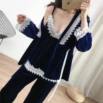 

Navy Blue Spring Velour Pajamas Sets Womens 3PC Strap Top Pantsuit Sleepwear Casual Home Wear Nightwear Sexy Robe Bath Gown