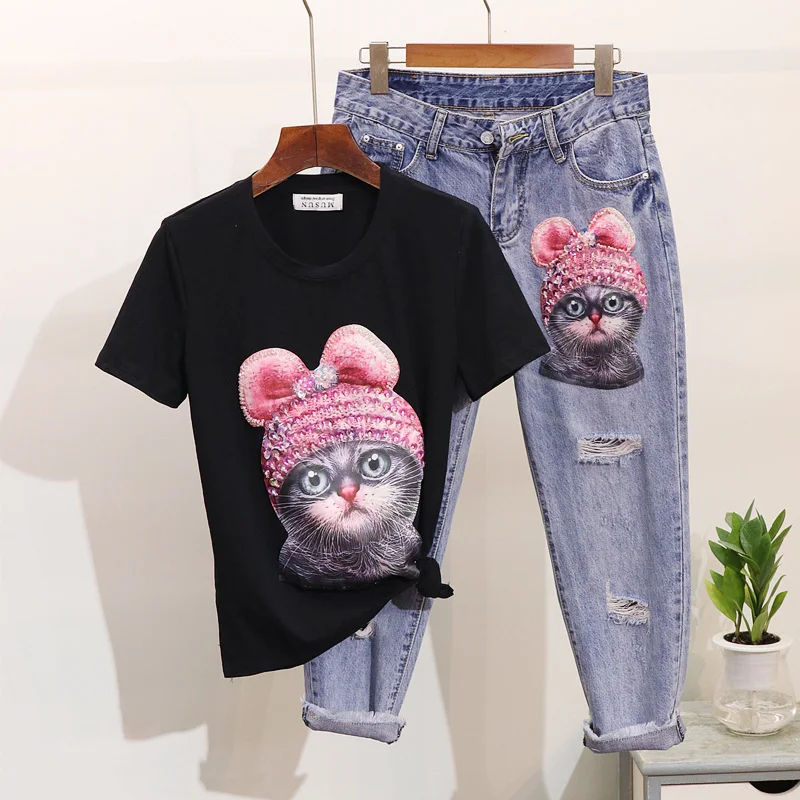 ALPHALMODA весна 2019 Милая футболка с коротким рукавом расшитая бисером и блестками