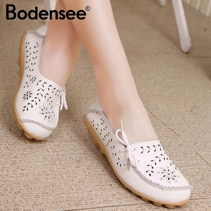 

BODENSEE Plus Size 34-44 Women Flat Shoes Woman Summer Flats Hollow Out Soft Genuine Leather Loafers Shoes Women's Footwear 9112