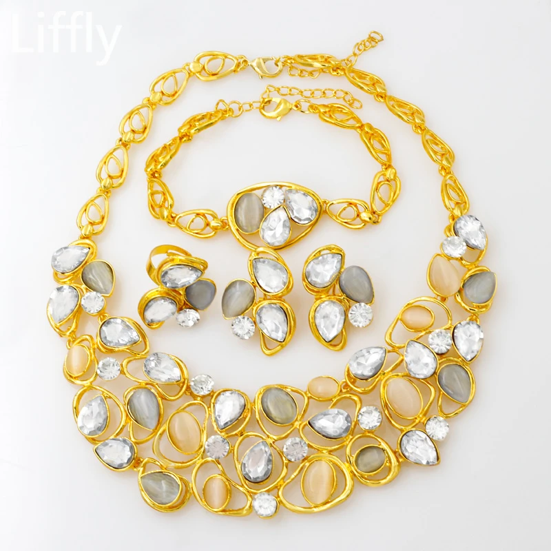 

Liffly Nigerian Bridal Jewelry Sets 24 Gold Resin Making Necklace Ring Clip Earrings Charm Bracelet Jewelry Dubai Gold Design