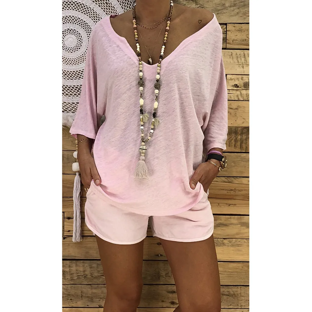 

Womail Three Quarter Casual Polyester Material T-Shirt Female Solid Color Batwing Sleeve V-Neck T-Shirt 19FEB15