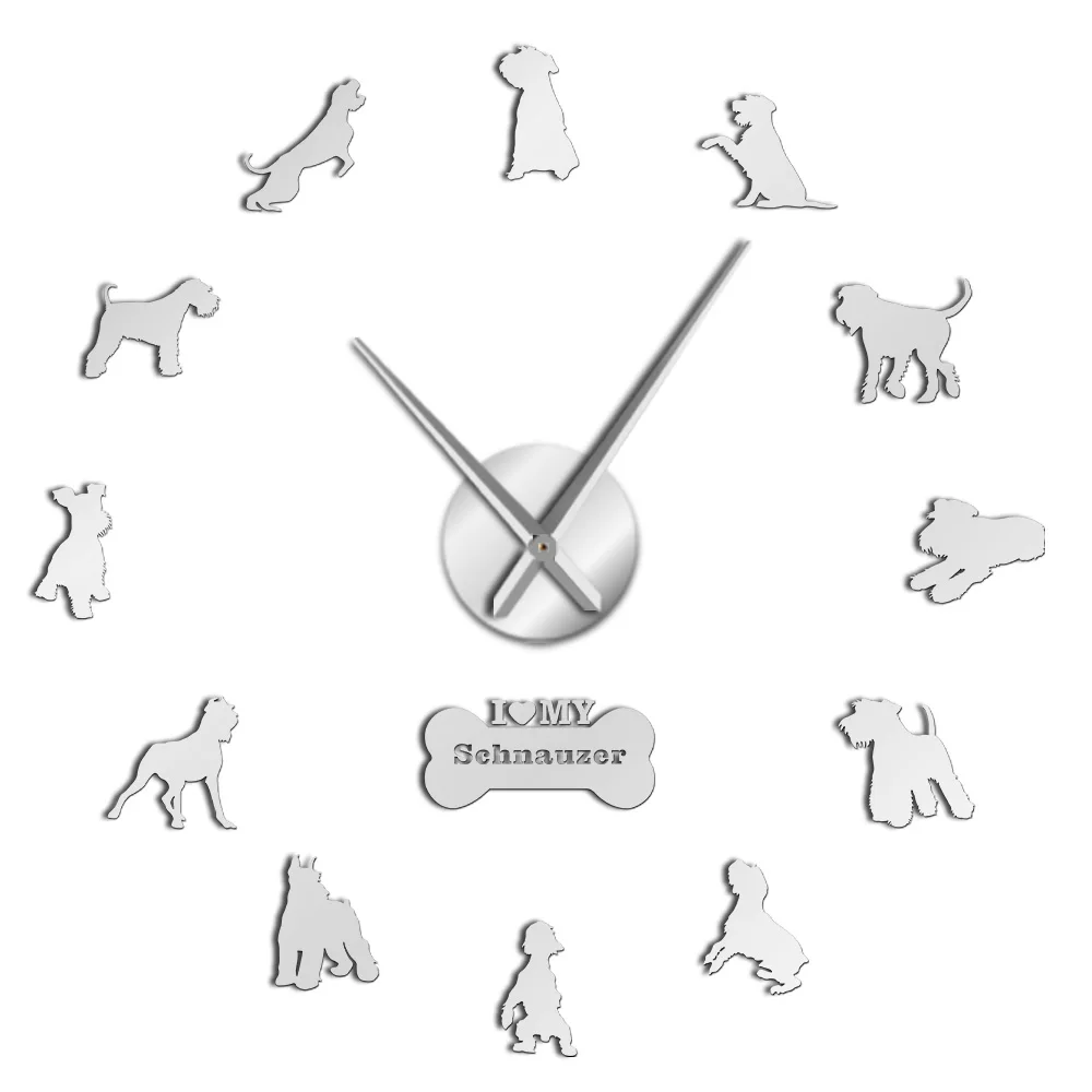 Я Люблю Мой шнауцер собака пород DIY большие настенные часы шнауцер собака декоративные наклейки часы Pet Vet Настенный декор собака совенеры подарки - Цвет: Silver