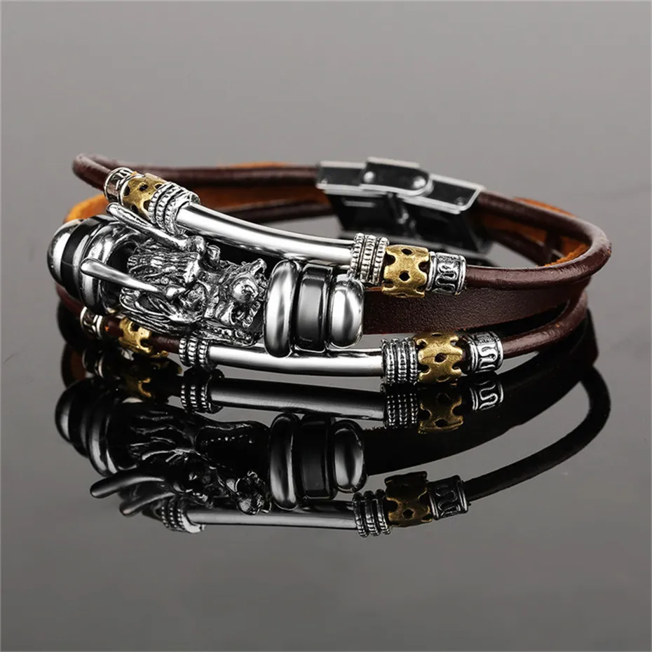 Antique Stainless Steel Dragon Head Design Brown Genuine Leather Rope Chain Men Women Bracelets Bohemia Charm Gift (7)