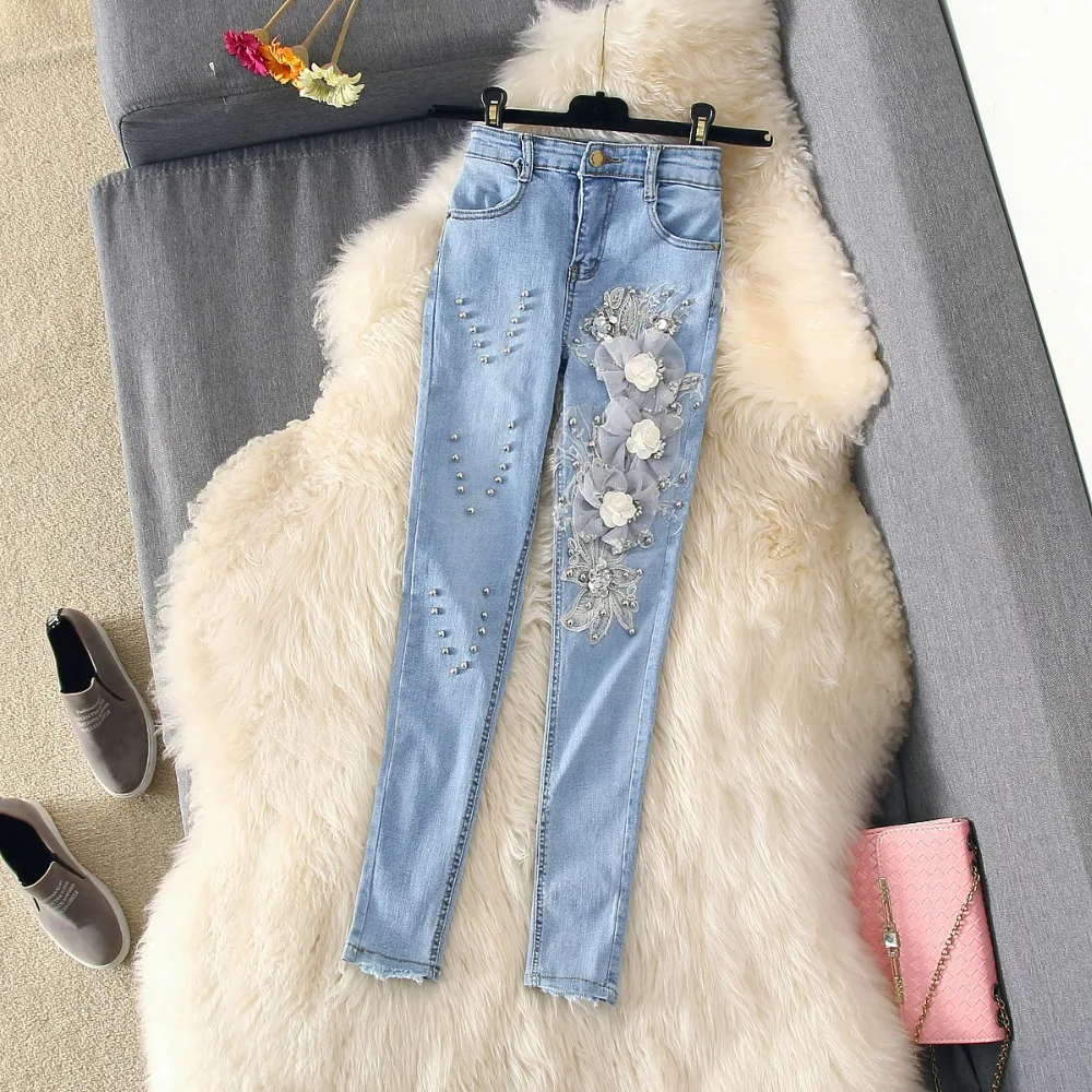 Floral Perles Européenne Jeans Maigre Trous Pantalon Femmes Strench Crayon EPqq1Iw