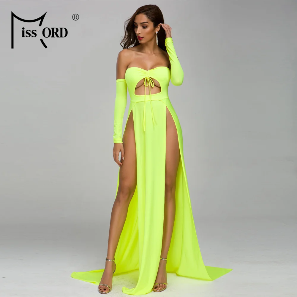 

Missord 2019 Women Sexy Off Shouldertwo High Split Dresses Female Maxi Elegant long sleeve Party Dress Vestdios MS202