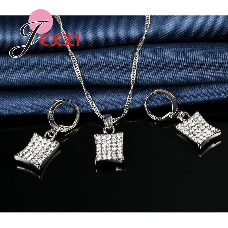 Klar Kristall Rechteck Form Berühmte Design 925 Sterling Silber Anhänger Halskette Ohrring Sets Schmuck Cubic ia