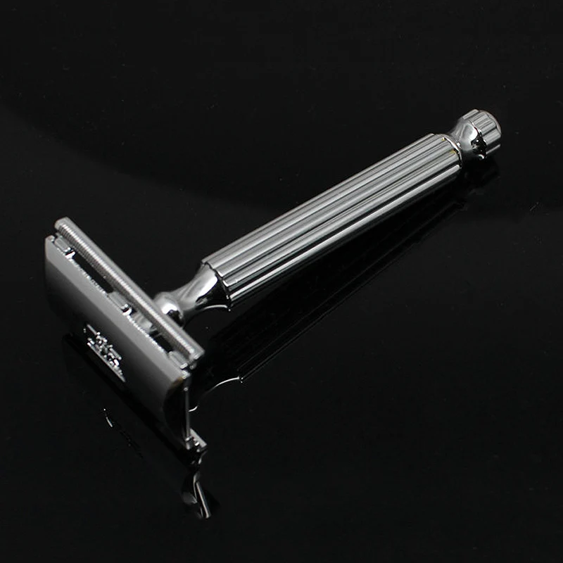 Безопасная бритва с двойными краями, Классическая Безопасная бритва серебряного цвета с длинной ручкой, съемная конструкция для мужского бритья UN272