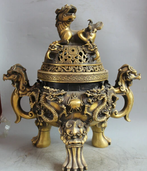

JP S0524 19" Marked China Dynasty palace Copper Dragon lion handle Incense Burner Censer