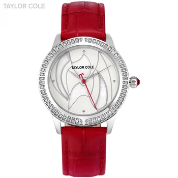

Fashion Taylor Cole Women Watch Sliver Alloy Case Crystal Dial Red Leather Strap horloges vrouwen Ladies Wrist Watches / TC124