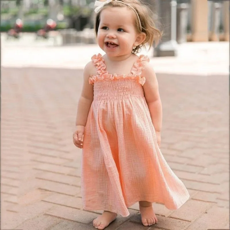 

Summer Baby Girls Strap Solid Print Casual Sleeveless Dress