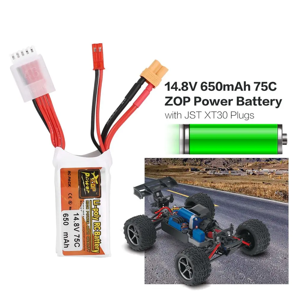 

ZOP Power 14.8V 650mAh 75C 4S 1P RC Lipo Battery JST XT30 Plug Rechargeable for RC Racing Drone Helicopter Car Boat Model Toy