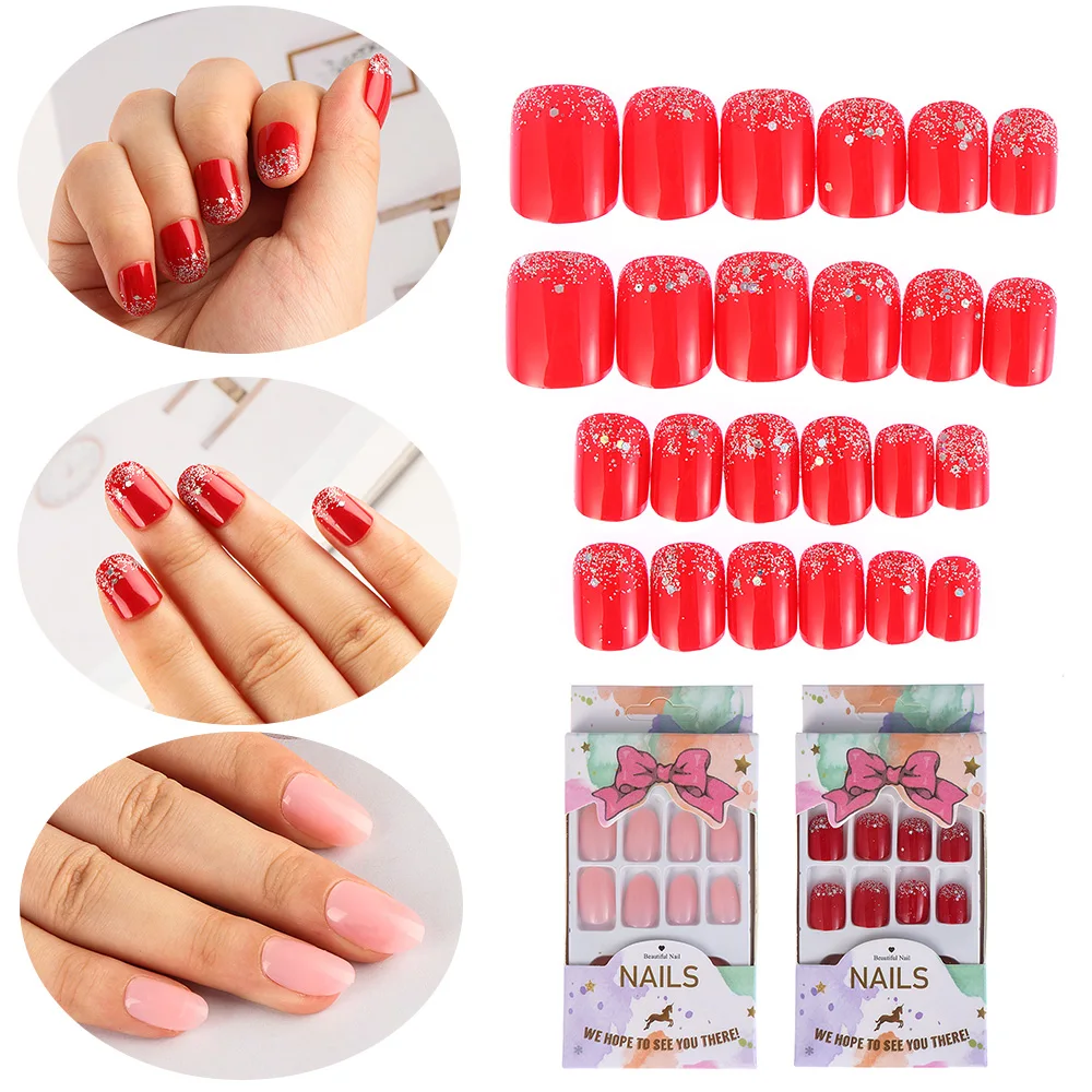 

24Pcs Glitter Powder Design Fake Nails Bright Red Short Square Artificial False Nail Tips with Glue Sticker for Office Home Nail