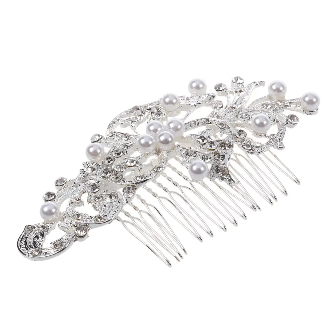 Women Silver Rhinestone Bridal Wedding Flower Pearls Headband Hair Clip