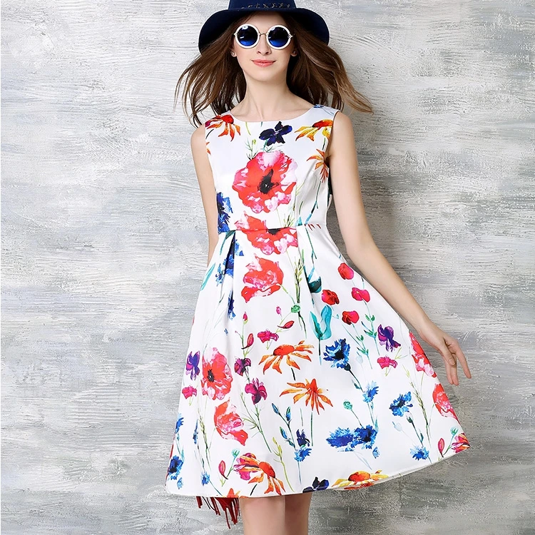 Elegant Floral Print White Dress Women Summer Casual Dress Sleeveless A ...
