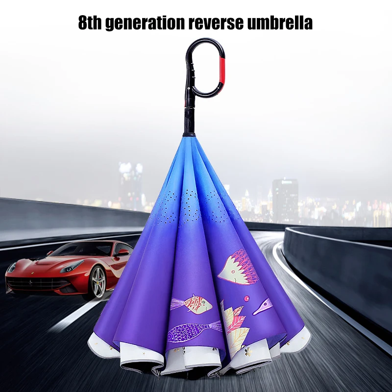 

Car reverse umbrella Alloy and polyester fibers Sunny and Rainy inverted umbrella All in 1 Long-handle Umbrella Black Coating