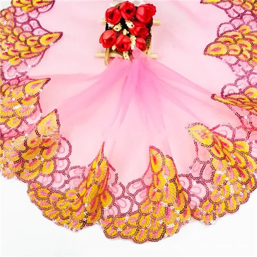 1 ярдов павлиньи перья вышивка Блестки Ткань DIY шитье нижнее белье аппликация Свадебная вечеринка Декор африканская кружевная ткань лента - Цвет: pink