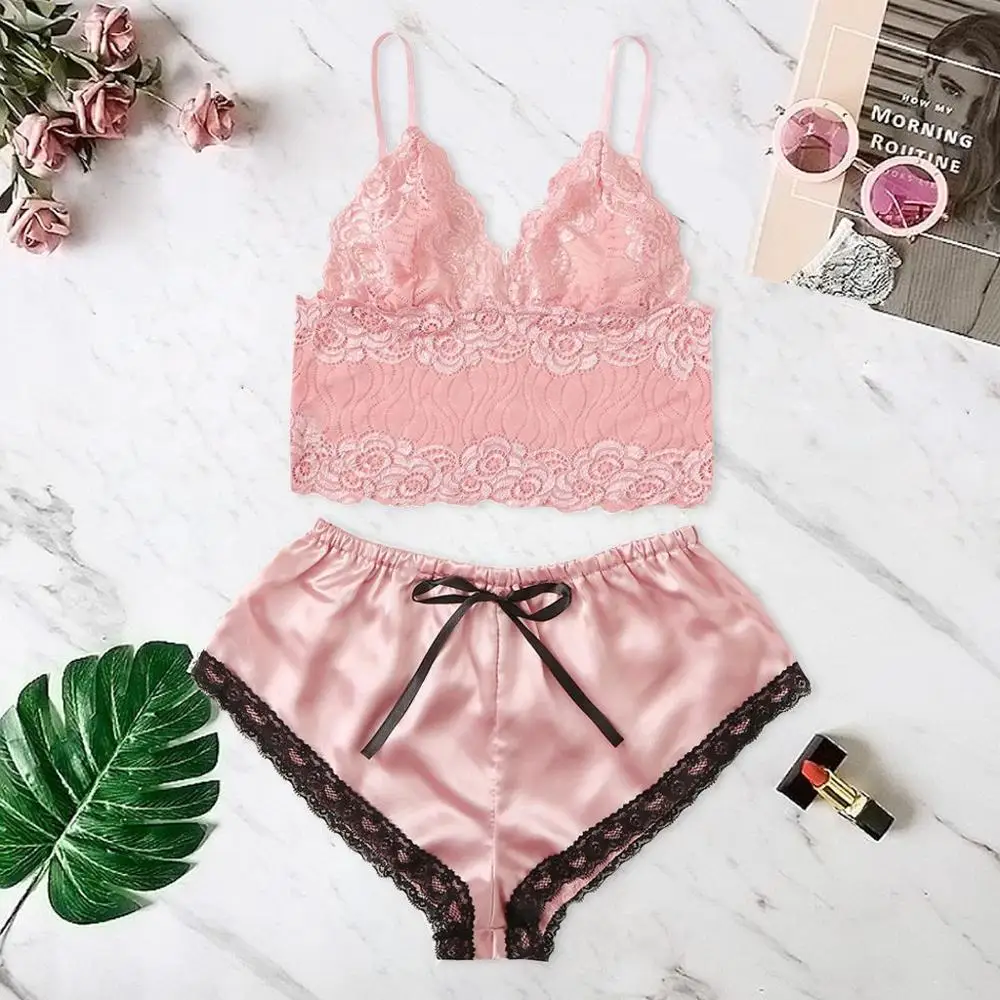 

Women 2019 Lace Trim Velvet Cami Shorts Pajamas Set Women Burgundy Plain Spaghetti Strap Sleeveless Sexy Summer Sleepwear P4