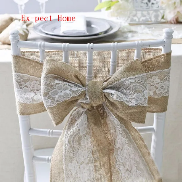 15 * 240cm Nature Elegant Burlap Lace Chair Sashes Jute Chair Bow Tie For Rustic Wedding Event Decoration