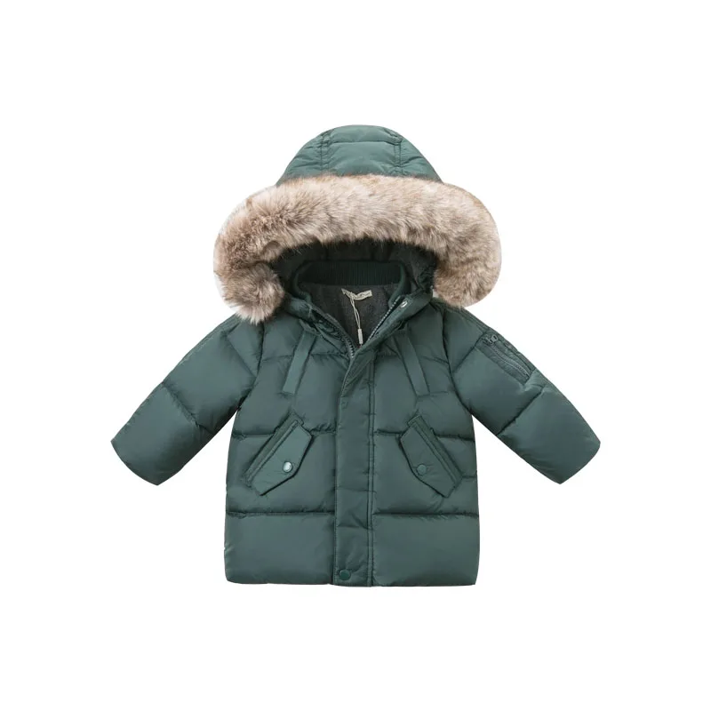 DB8828 dave bella/пуховик для маленьких мальчиков детская верхняя одежда с капюшоном эксклюзивное пальто на 90% утином пуху с большим мехом для малышей - Цвет: dark green