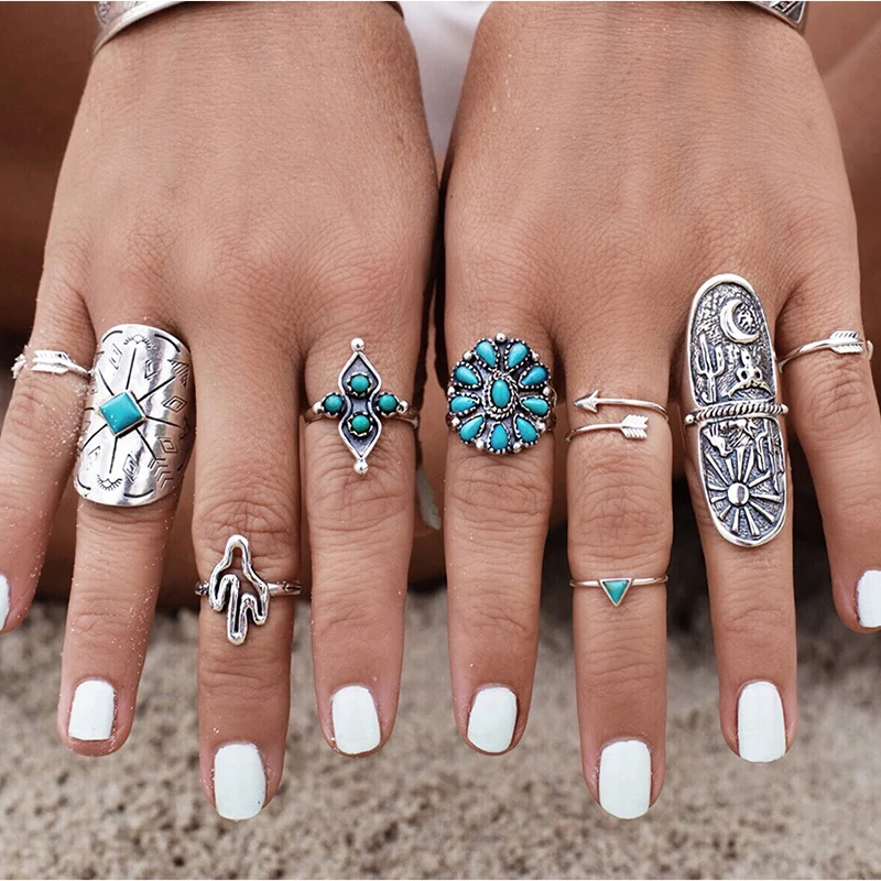 9pc/set Vintage Bohemian Beach Turquoise Ring Set Ethnic Style Antique Silver Plated Midi Finger Boho Rings Set Charm Anelli