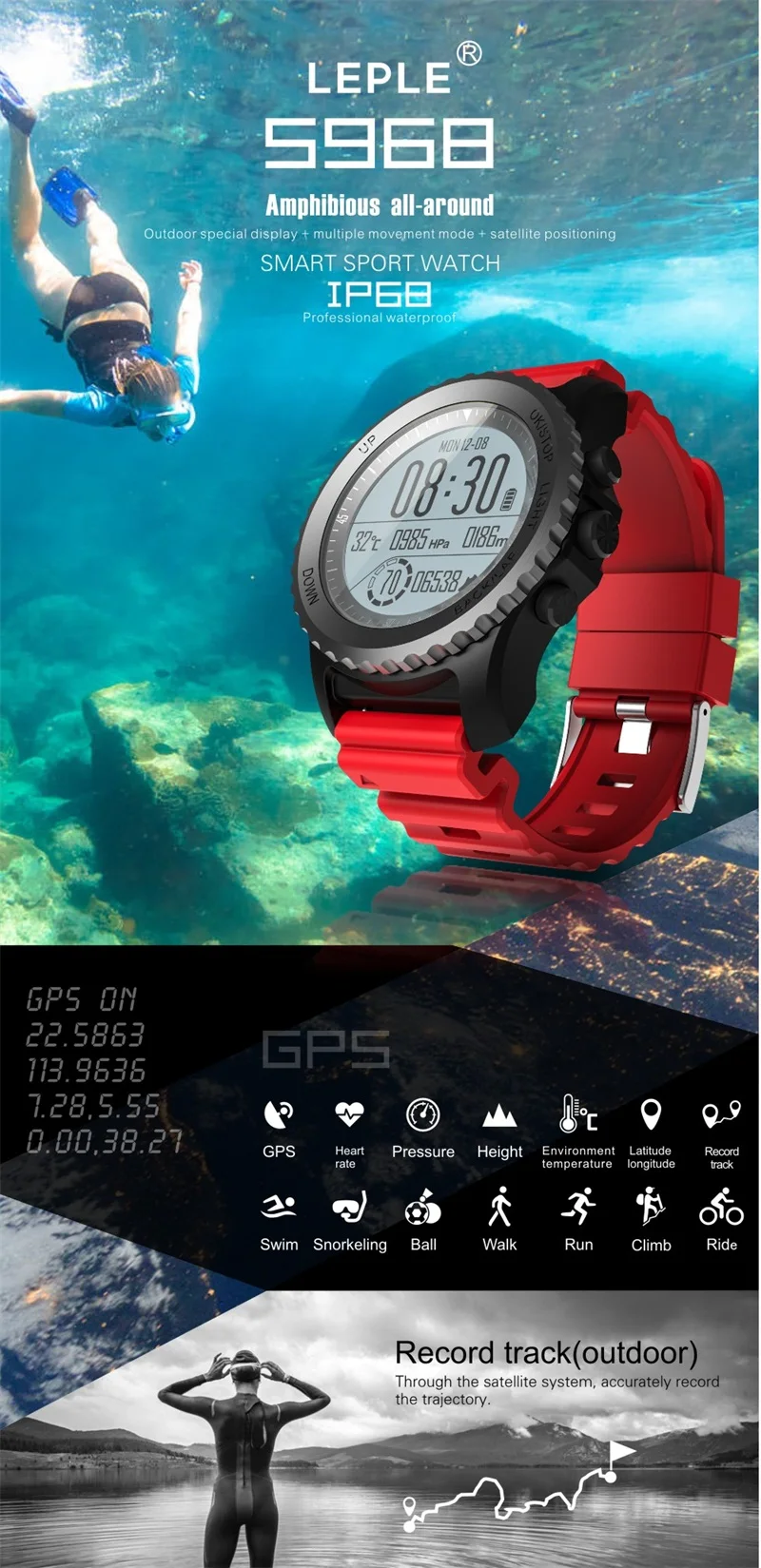 696 S968 спортивные Смарт-часы с Bluetooth, умные Для мужчин IP68 Водонепроницаемый Wearable Devices (носимое устройство) сна