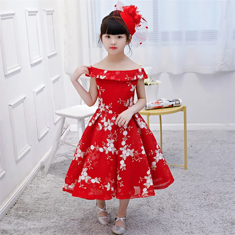 

Children Girls Korean Sweet 2019 Summer New Embroidery Flowers Evening Party Birthday Red Dress Baby Shoulderless Pageant Dress