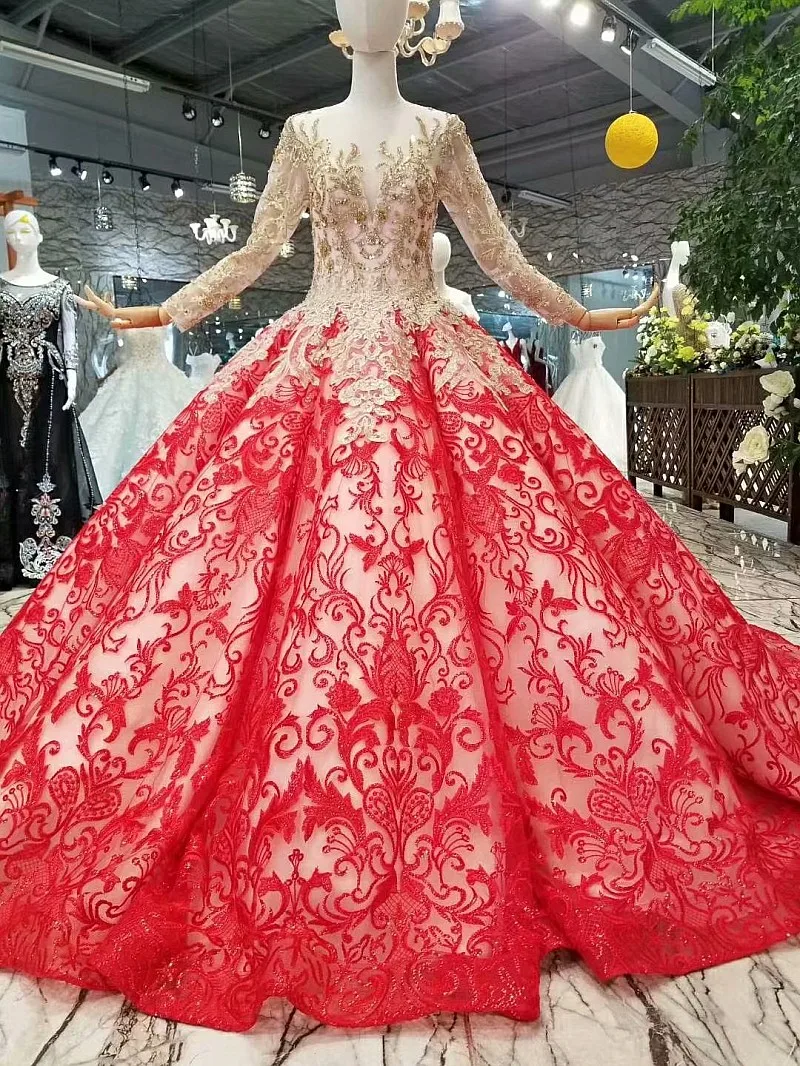 LS851101 красная кривая фигуры невесты праздничное платье с золотой кружева с круглым вырезом Длинные рукава бальный наряд невесты платья суд