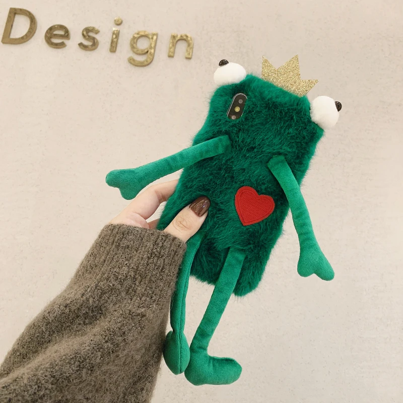 

2019 Cute Plush Fluffy Frog Cases for iPhone 8 Plus/7/8/6s plus/6 plus/6s/XS MAX/XR/XS/X Soft Fluffy Case 3D Winter Phone Cover