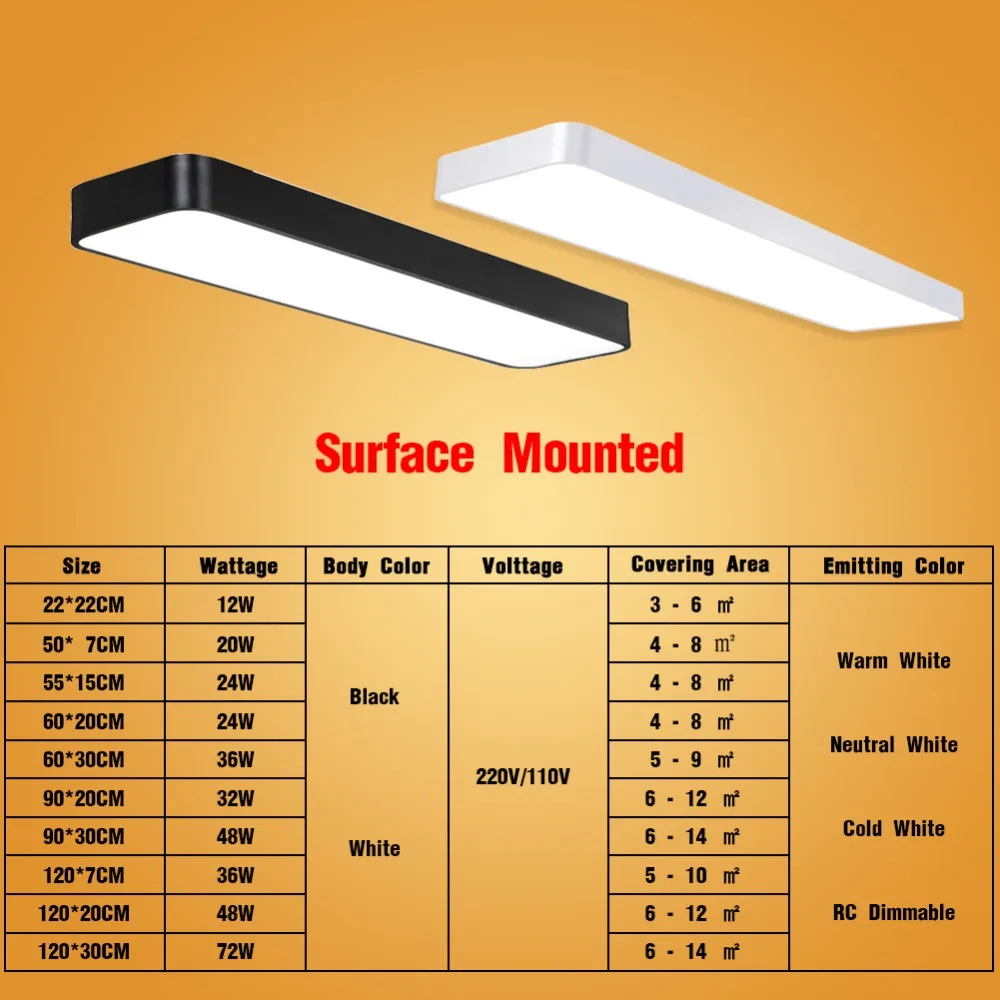 Современный светодиодный потолочный светильник, прямоугольная офисная лампа, освещение для поверхностного монтажа, приспособление для спальни, гостиной, панель дистанционного управления, 220 В, 110 В