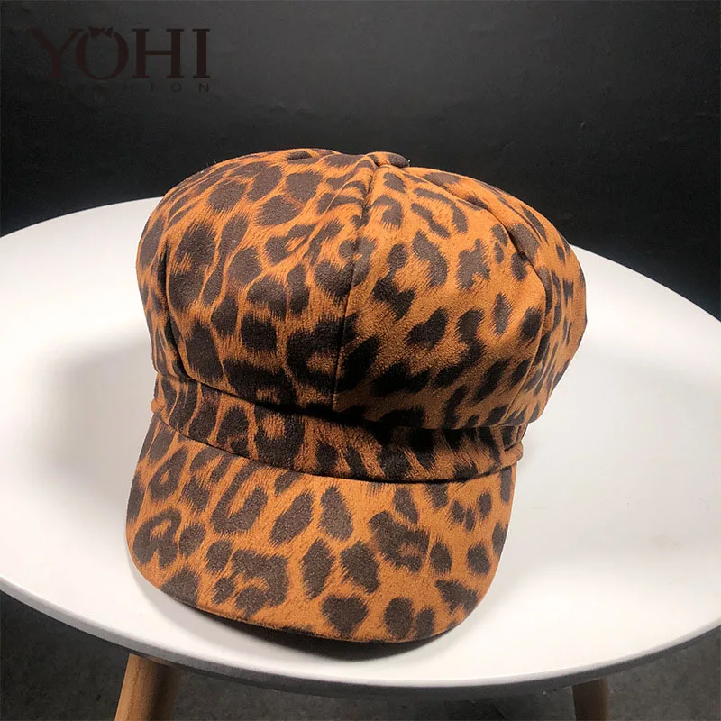 YOHI Новая мода Женская осень и зима леопардовый берет Открытый Ретро замши восьмиугольная кепки - Цвет: A