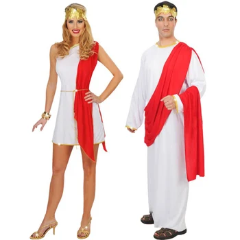 

2019 Coulpes Roman Senator Costume Greek God Costume For Men&Women Halloween Costume Red/White Toga Ancient Roman Costume 2XL
