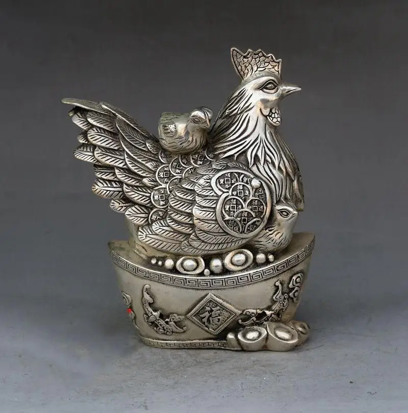 

Chinese Silver Wealth Money Yuanbao Chicken Chook Chick Rooster Statue