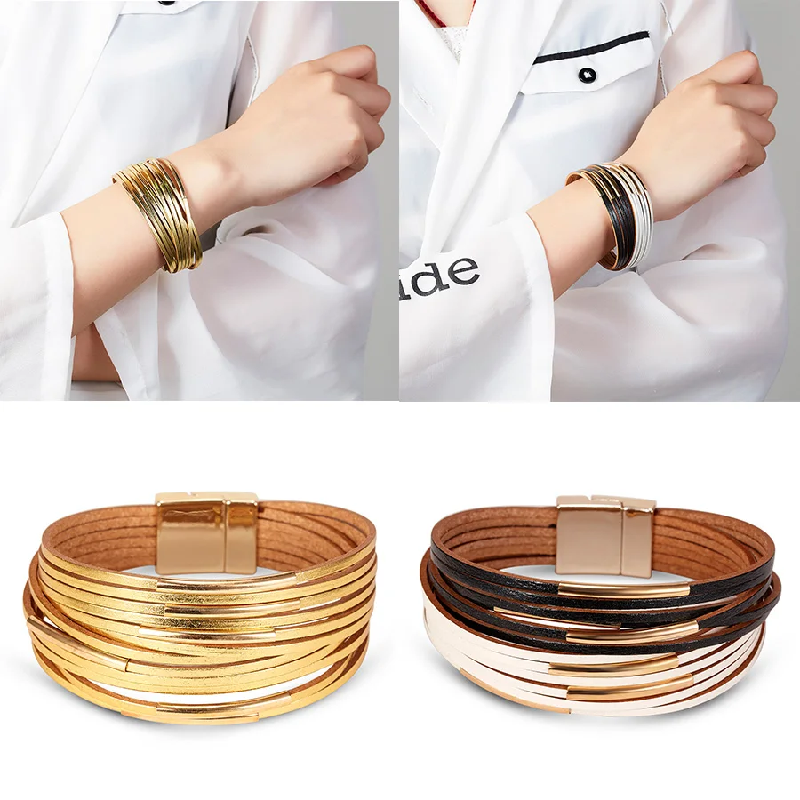 

Rinhoo Gold Sliver Color Leather Wrap Bracelets For Women Red Multiple Layers Charm Bracelet & Bangle Party Fashion Jewelry