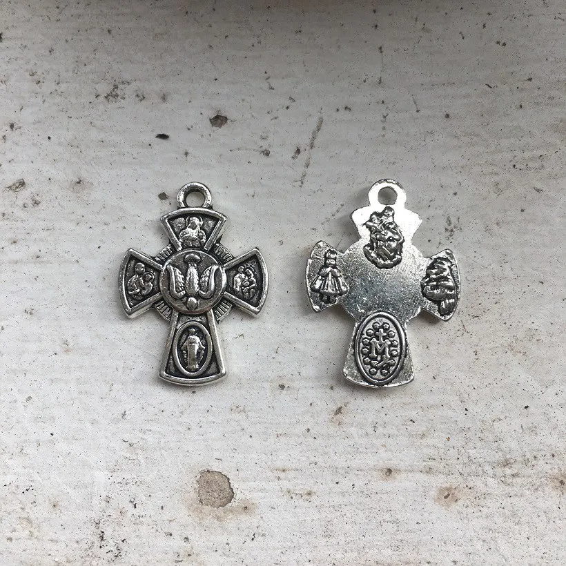 

Catholic antique silver plated Holy Charm Necklace Pendant Medal Religious gifts cross saint Scapular four way charms medals