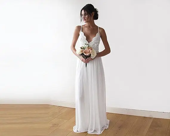 2018 Newest Boho Wedding Dresses Lace Chiffon Floor Length Backless Bridal Dresses Beach Wedding Dresses Bohemian Bridal Gowns