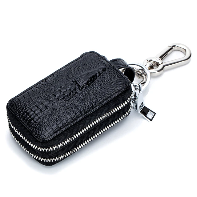 Genuine Leather Car Key Pouch Dual Zip Layer Vintage Crocodile