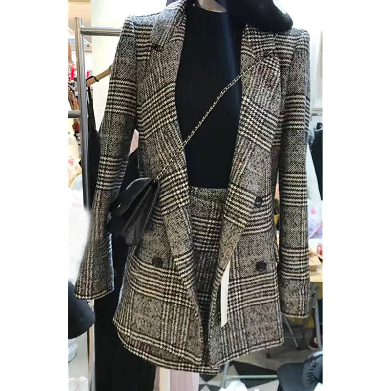 

Women's suit Spring and Autumn and winter new woolen plaid suit jacket female short suit casual small fragrance two-piece suit